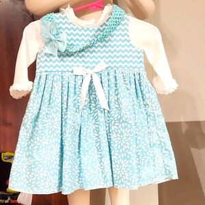 HANDMADE BABY GIRLS 3PC JUMPER DRESS WITH A TOP. SIZE 3M.